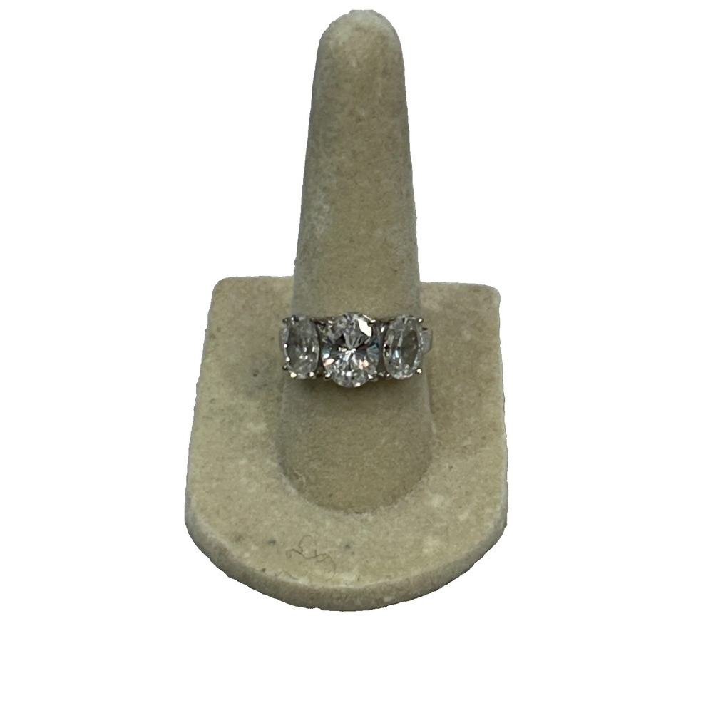 925 Sterling Silver JED 3 Stone Clear CZ Oval & Round Statement Ring Size 7